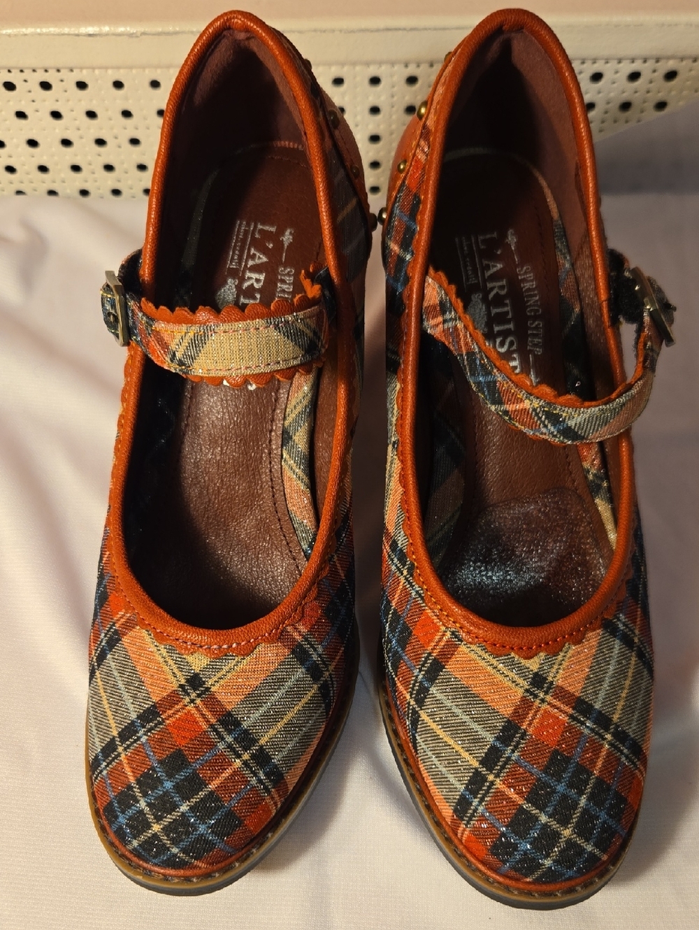 Plaid Mary Jane Block Heel Pumps in Red/multi - Picture 4 of 5